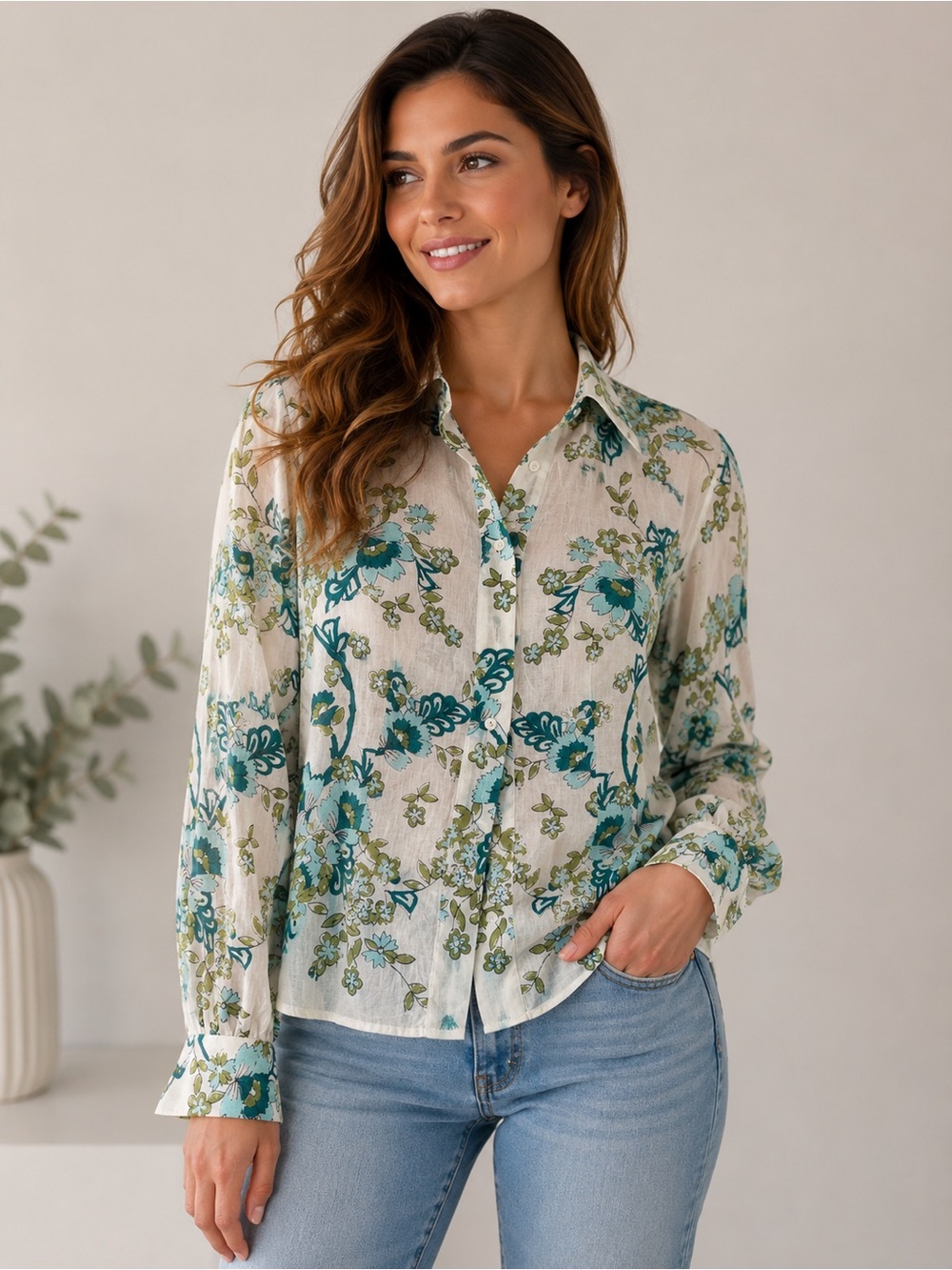 Hannah Teal and Cream Floral Button-Down Shirt